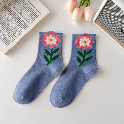 1 Pair Women Socks Japanese Korean Style Cartoon Flower Candy Color Harajuku Kawaii Mid Tube Socks Breathable Casual Short Socks