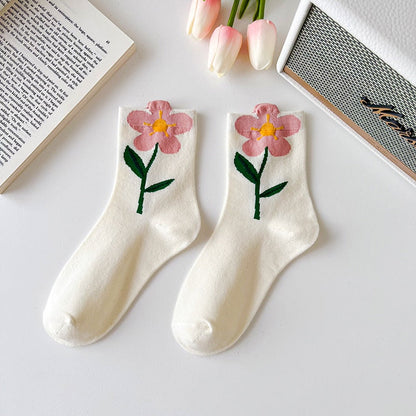 1 Pair Women Socks Japanese Korean Style Cartoon Flower Candy Color Harajuku Kawaii Mid Tube Socks Breathable Casual Short Socks